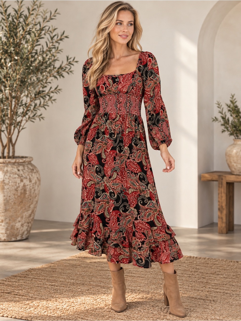 Angie Red Paisley Midi Dress with Puff Sleeves